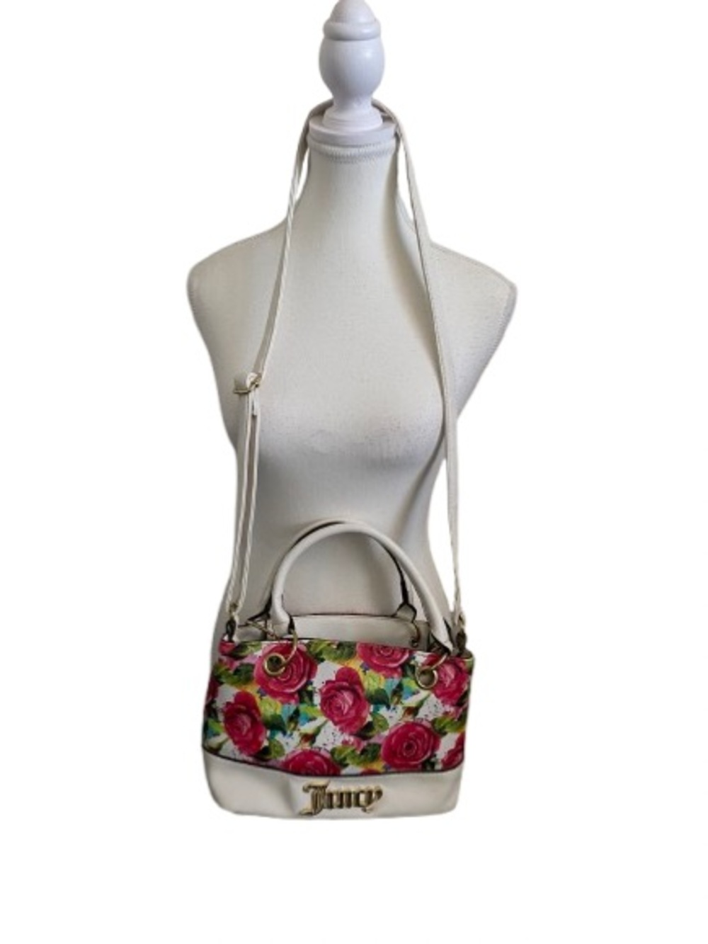 Juicy Couture White Pink Rose Floral Satchel Crossbody Bag